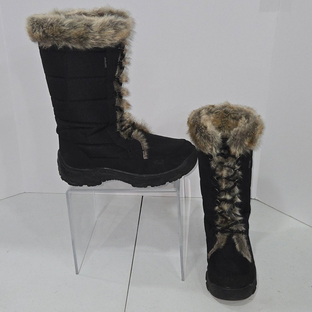 Ausland Womens Black Faux Fur Trim Winter Snow Boots Lace Up Mid Calf Size 8.5